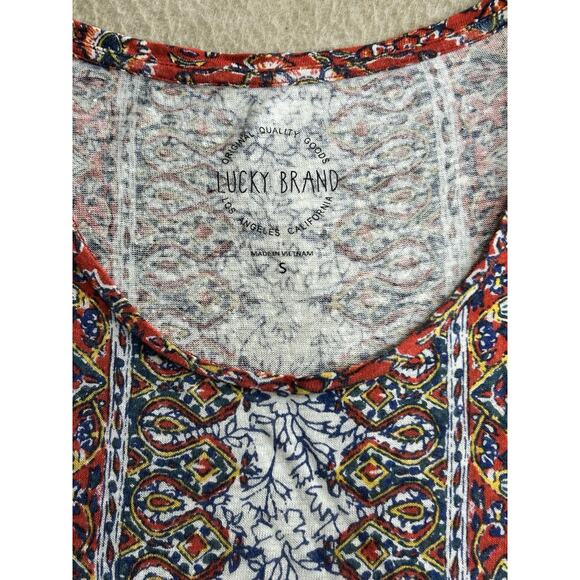 Lucky Brand Boho Top Size Small Short Sleeve Colorful Bohemian Blouse Scoop Neck - Picture 3 of 6